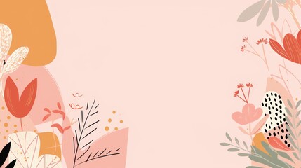 Floral Composition with Soft Pastel Colors Featuring Various Leafy Elements and Delicate Flowers on a Light Pink Background for Creative Designs
