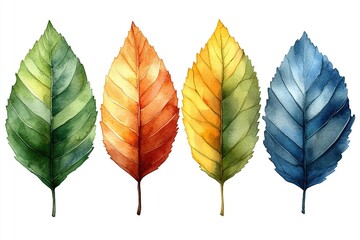 Obraz premium A watercolor illustration of four leaves in varying colors representing seasonal changes.