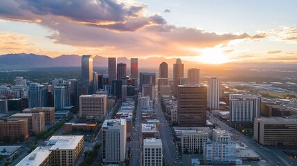Obraz premium Sunset Over City Skyline with Mountains in the Background : Generative AI