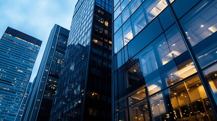Glass Facades of Corporate Skyscrapers Reflecting City Lights During Evening in Manhattan : Generative AI