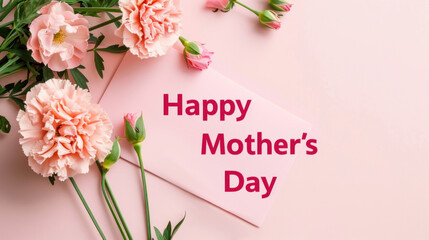 Happy Mother's Day text in pink on a background with carnations and roses, vector illustration, flat design for card, celebrating Mother's Day