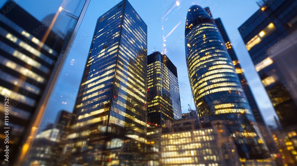 Poster illuminated modern skyscrapers in financial district at dusk with reflective glass architecture : ge