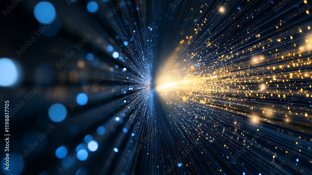 Poster Golden and Blue Bokeh Light Streaks in Dynamic Cosmic Tunnel Effect : Generative AI