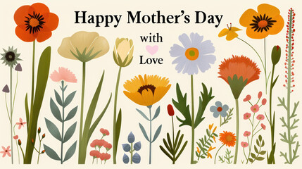 Happy Mother's Day with Love card design Celebration Featuring Colorful Flowers and a Heart Design to Express Love and Appreciation for Moms