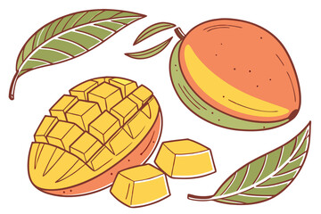 Vibrant watercolor mangoes, botanical illustration style, whole and sliced mangoes, mango cubes, floating mango leaves, bright yellow and orange fruits, white background, fresh tropical fruit, juicy m