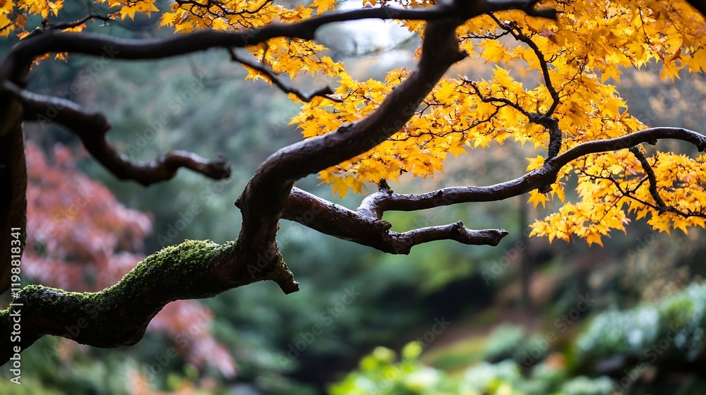 Poster artistic branches with vibrant autumn leaves in a forest setting at sunrise : generative ai