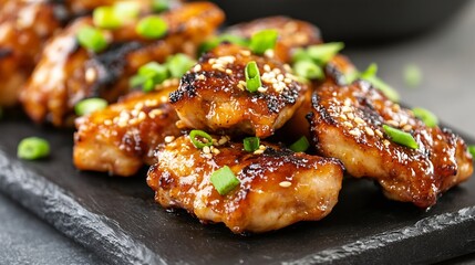 Savory Sriracha Glazed Chicken Bites with Sesame and Green Onion on a Rustic Slate Serving Board : Generative AI