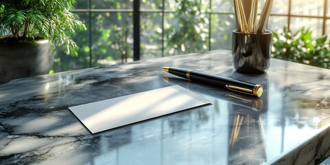 Elegant Workspace Mockup: Blank Card and Luxury Pen on Marble Desk