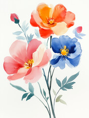 Fototapeta premium Watercolor illustration, bouquet of spring bright flowers. Pink, red and blue flowers on a white background. Aquarelle sketch. Blurred paint stains.
