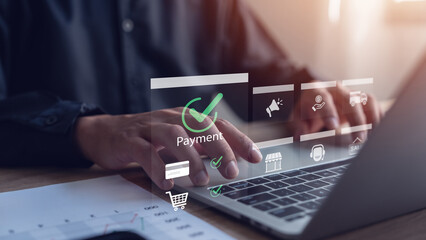 Online payment with digital marketing, businessman touching network connection icon button on...