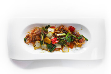 Delicious Stir-fried Crab with Black Pepper sauce on white background