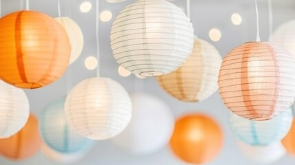 Fototapeta premium Chinese Paper Lanterns Hanging from Ceiling with Blurred Background and Soft Lighting Creating a Warm and Inviting Atmosphere for Events and Celebrations