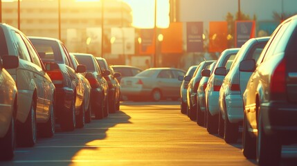 Diverse lineup of cars for rent displayed in a vibrant parking lot, clean branding banners and bright sunlight