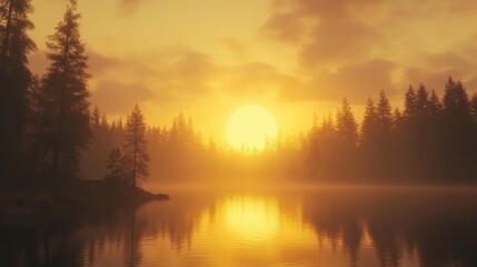 Golden sunset casting reflections over a calm lake surrounded by pine trees