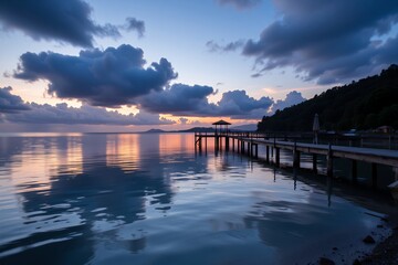 Fototapeta premium Serene Sunset over Calm Lake with Wooden Pier and Gazebo Colorful Sky