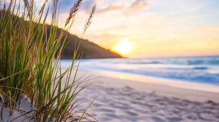 Serene Coastal Scene with Gentle Waves and Golden Sunset on Sandy Beach : Generative AI
