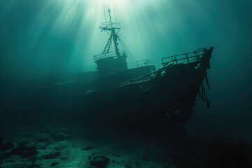 Fototapeta premium Underwater view of an old sunken ship on seabed with fish swimming around, abstract vivid composition consists of fictional unreal fantastic vision on background