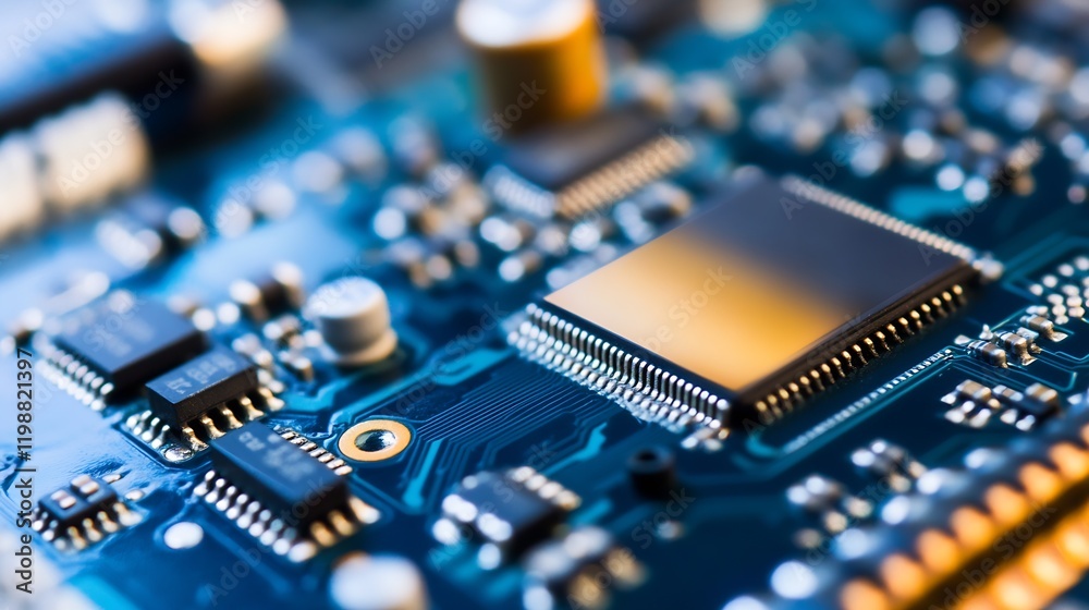 Aufkleber Blurred Microchip on Circuit Board with Various Electronic Components : Generative AI