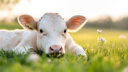 Young White Calf Relaxing on Green Meadow at Sunset in Rural Countryside Setting : Generative AI