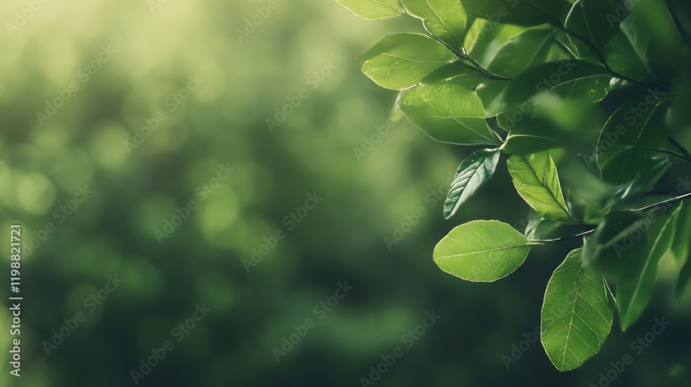 Poster serene green leaves in soft focus with natural sunlight in background : generative ai