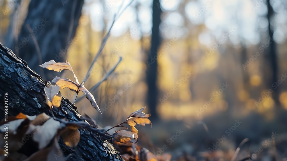 Aufkleber Golden autumn leaves on a fallen log in a tranquil forest scene : Generative AI