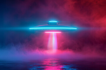 Obraz premium Iron oval UFO saucer hovering over beautiful landscape in deep dramatic sky, abstract vivid composition consists of fictional unreal fantastic vision on background