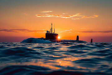 Fototapeta premium Beautiful large submarine floating in middle of deep ocean during mission, abstract vivid composition consists of fictional unreal fantastic vision on background