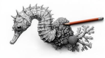 Obraz premium Detailed pencil sketch of a seahorse and coral.