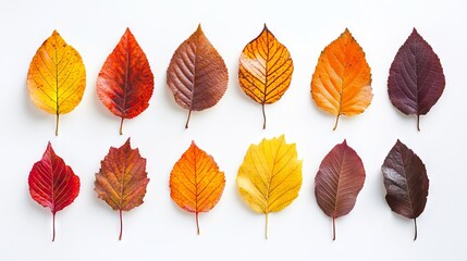 Obraz premium Autumn leaves arranged on a white background.