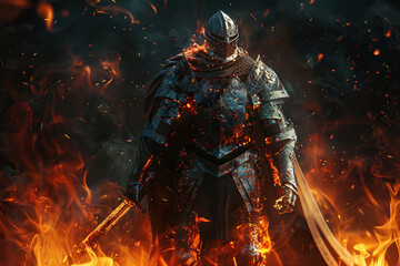 Fototapeta premium Fantastic beautiful royal knight in iron armor guards castle chambers, abstract vivid composition consists of fictional unreal fantastic vision on background