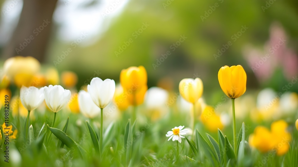Poster beautiful yellow and white tulips in bloom capturing the serenity and charm of a spring flower garde
