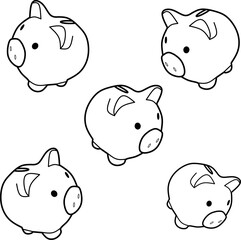 Set icon piggy bank design, with various design shapes, with a hand drawn black outline style for saving money