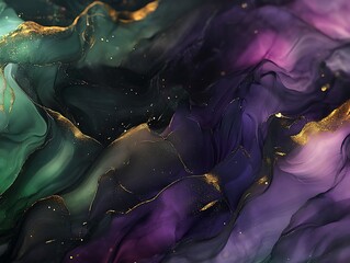 Obraz premium Moody dark-themed abstract art with deep purples greens and golden highlights for dramatic decor