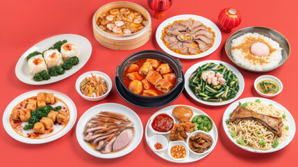 Chinese Dishes Featuring Dim Sum, Roasted Meats, Rice, and Various Accompaniments Served on White Plates Against a Bold Red Backdrop