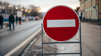 Red round roadblock sign on a street with blurred background
