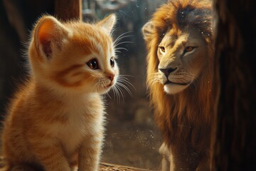 Fototapeta premium A kitten and a lion are looking at each other through a glass window