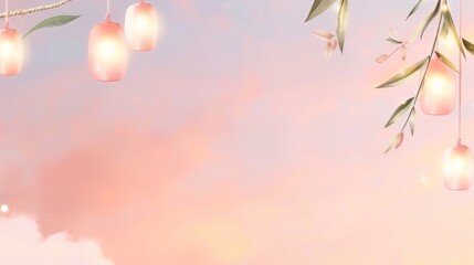Fototapeta premium Serene Pastel Sky with Hanging Lanterns and Delicate Greenery Embellishments for Tranquil and Dreamy Background Imagery in Soft Color Tones