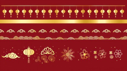 Chinese Red Background with Traditional Lanterns and Floral Designs Ideal for Celebrations, Festivals, and Cultural Events Featuring Gold Accents and Decorative Elements