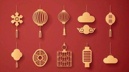 Chinese Ornaments Featuring Lanterns, Clouds, and Traditional Symbols Against a Vibrant Red Background for Cultural Celebrations and Festivities