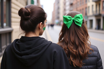 Naklejka premium Two young women with green accents walking side by side