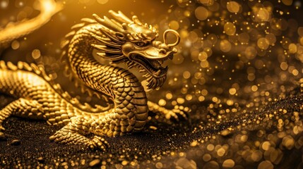 Obraz premium Majestic Golden Dragon Sculpture Surrounded by Sparkling Bokeh Effect, Capturing Mystical Elements and Traditional Asian Symbolism in a Captivating Still Life Setting