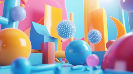 A 3D rendering of colorful, geometric shapes including spheres, cubes, and cylinders, arranged in a playful, abstract composition on a blue background.