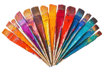 Collection of vibrant paintbrushes arranged in a rainbow of colors for artistic projects