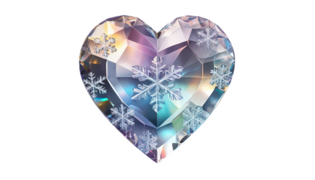 An ice-like crystal heart with tiny snowflake inclusions, refracting colorful light, on a white transparent background PNG