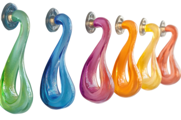 Colorful glass door handles displayed in an artistic arrangement on a white background