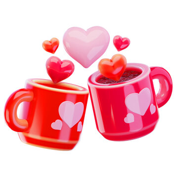 Valentine, two mugs love, 3d render icon