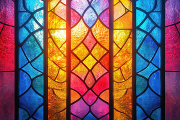 Vibrant stained glass window with geometric patterns reflecting light in a colorful display