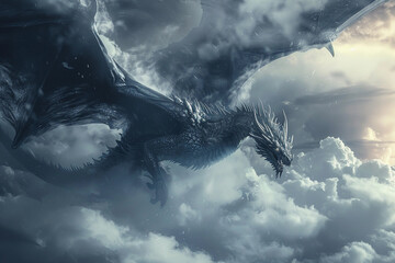 Obraz premium Fantastically beautiful mythological dragon with big wide wings, abstract vivid composition consists of fictional unreal fantastic vision on background