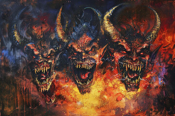 Scary sinister devil is in hell with dramatic bright fire lighting, abstract vivid composition consists of fictional unreal fantastic vision on background
