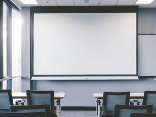 Empty white screen in softly lit conference room for presentations.